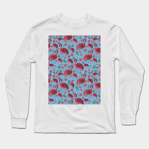 Flamazing day flamingos pattern blue background Long Sleeve T-Shirt by Arch4Design